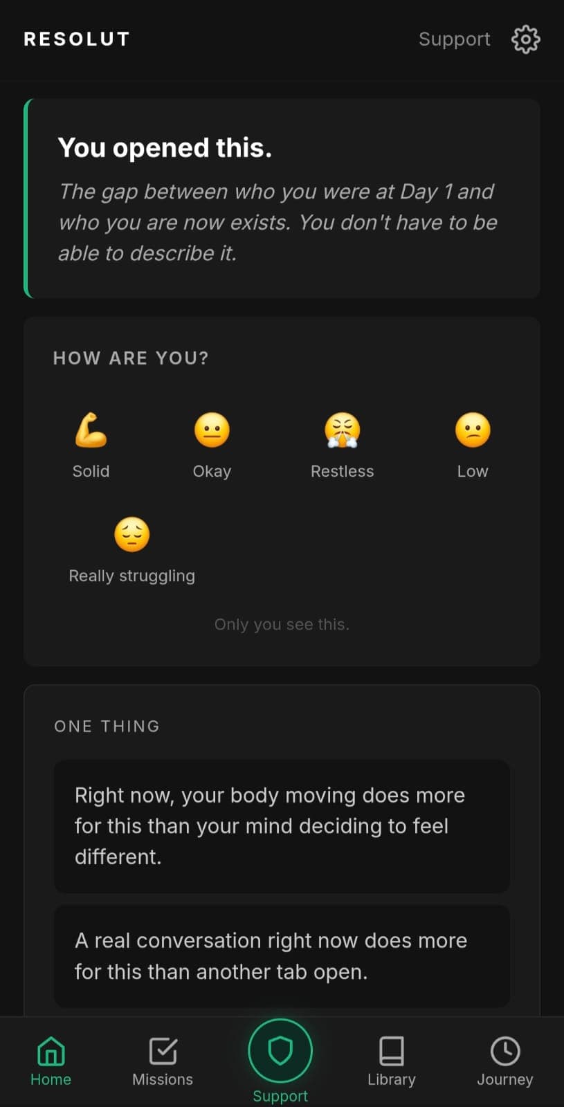 Resolut home dashboard on a normal recovery day